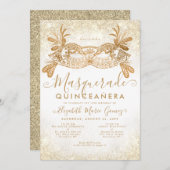 クラシック仮装マスク金ゴールドグリッターキンセアニェラ 招待状 (正面/裏面)