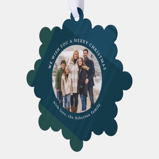 クラシック休日のplaidシンプル2つの写真クリスマス オーナメントカード (左)