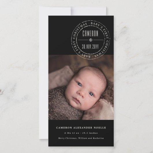 クラシック円スタンプ印ベビー初めてのクリスマス シーズンカード (正面)