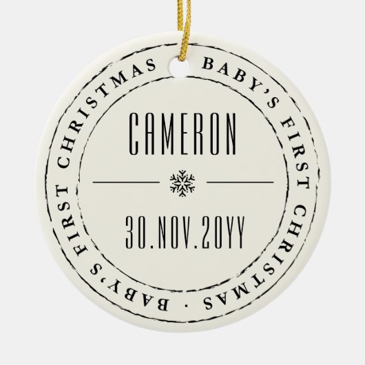 クラシック円スタンプ印ベビー初めてのクリスマス セラミックオーナメント (正面)