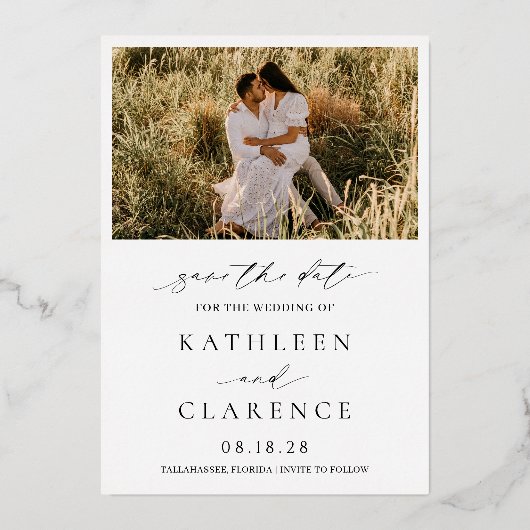 クラシック写真エレガントな結婚式の日付を保存 箔招待状 (裏面)