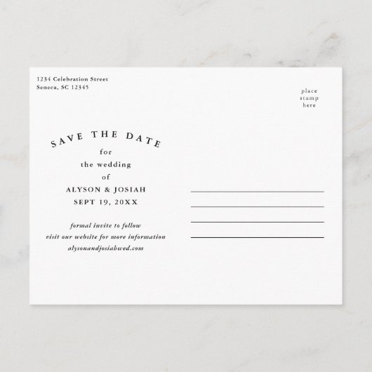 クラシック写真エレガント結婚式の日付の保存 案内ポストカード (裏面)