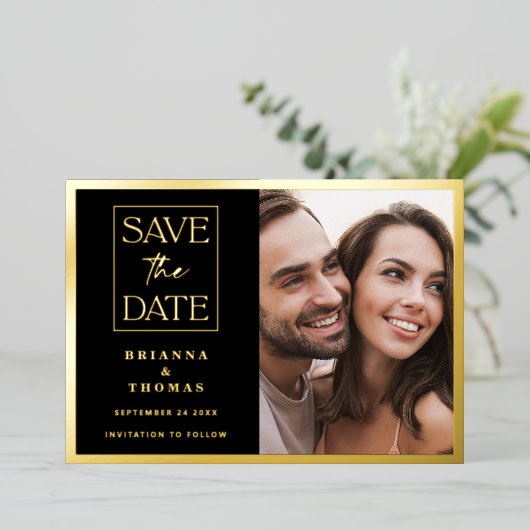 クラシック写真エレガント結婚式の日付金ゴールドの保存 箔招待状 (立ち正面)