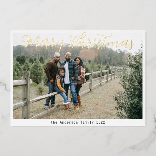 クラシック写真グリーティングメリークリスマス金ゴールドスクリプト 箔シーズンカード (正面)