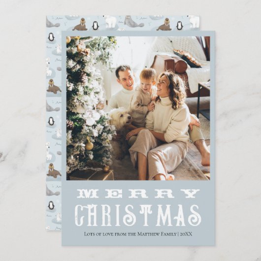 クラシック冬の動物の青い家族クリスマス シーズンカード (正面/裏面)