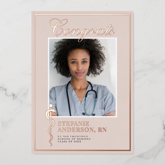 クラシック医療看護フォトフォイル卒業フォイ 箔招待状 (正面)