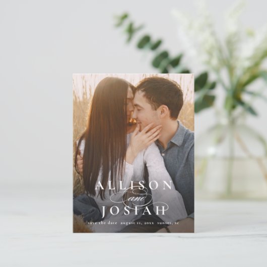 クラシック名エレガント写真結婚式の日付を保存 案内ポストカード (スタンド正面)