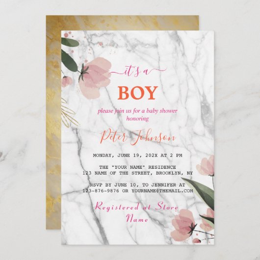 クラシック名カスタマイズ白大理石ベイビーシャワー 招待状 (正面/裏面)