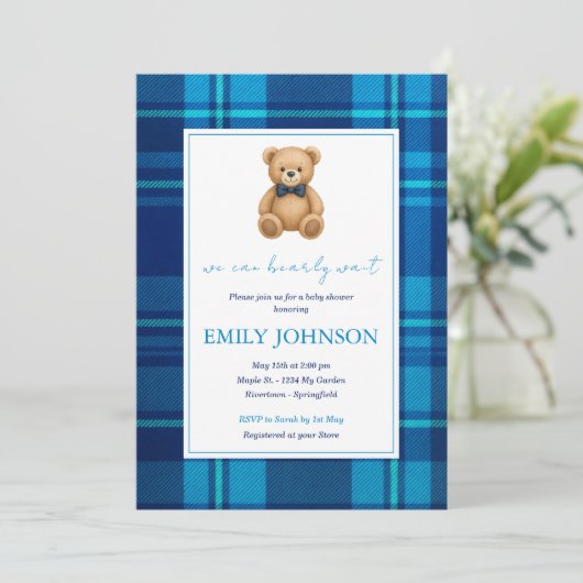 クラシック名門私立校風のブループライドテディベアベイビーシャワー 招待状 (スタンド正面)