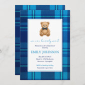 クラシック名門私立校風のブループライドテディベアベイビーシャワー 招待状 (正面/裏面)
