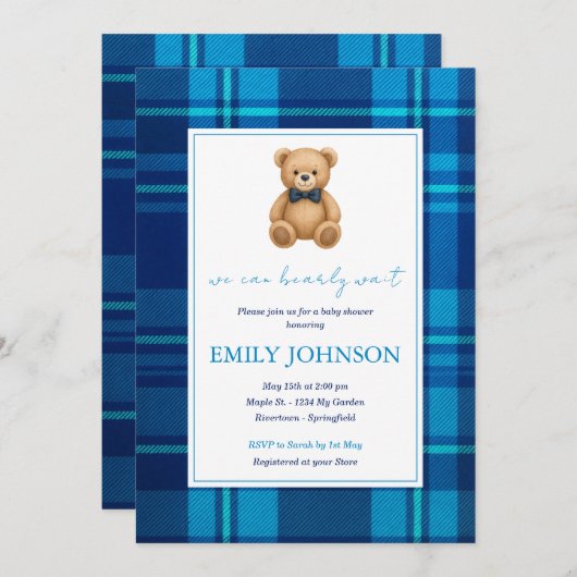 クラシック名門私立校風のブループライドテディベアベイビーシャワー 招待状 (正面/裏面)