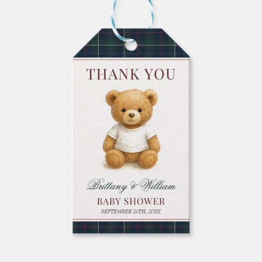 クラシック名門私立校風のベアーグリーンプライド赤ちゃんシャワー ギフトタグ (正面)