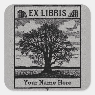 クラシック図書付きツリーEx Libris蔵書票- Gray スクエアシール