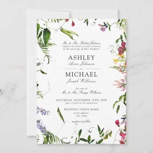 クラシック夏のワイルドフラワーの水の色結婚の設定 招待状 (正面)
