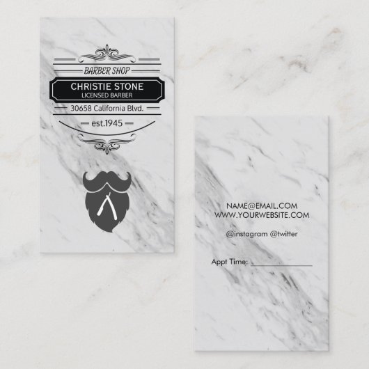 クラシック大理石レトロラベル理容師刃とひげ 名刺 (正面/裏面)