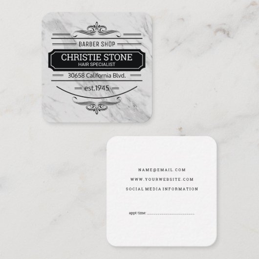 クラシック大理石レトロラベル理容師 スクエア名刺 (正面/裏面)