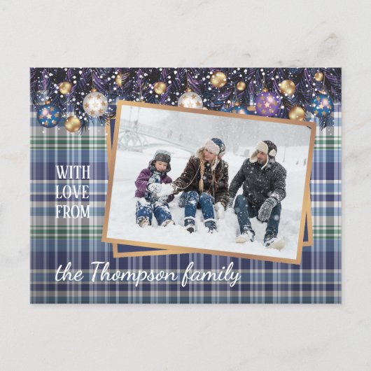 クラシック季節のごあいさつパープルブループレイド ポストカード (正面)