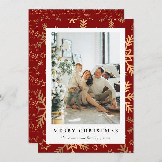 クラシック家族の写真レッド金ゴールドメリークリスマス シーズンカード (正面/裏面)