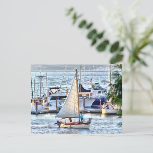 クラシック帆船で夕暮れ時に港ハドロックWA ポストカード (スタンド正面)