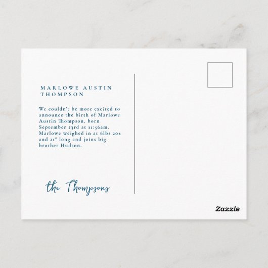 クラシック手描き青ストライプの生誕発表 ポストカード (裏面)