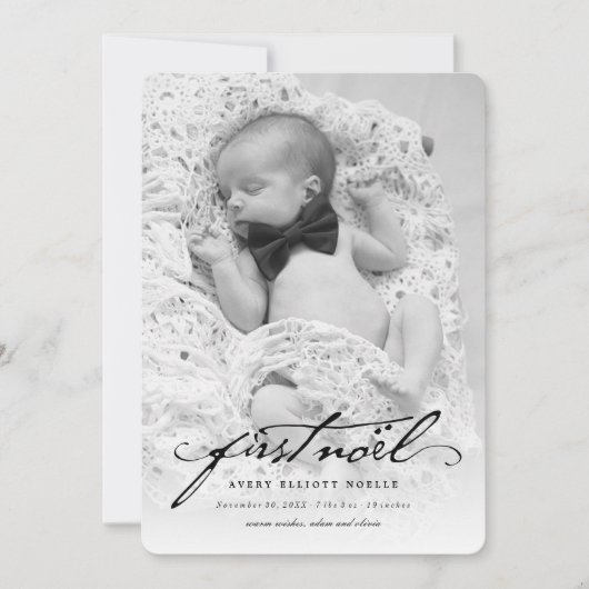クラシック手書きスクリプトベビーの最初のNoel写真 シーズンカード (正面)