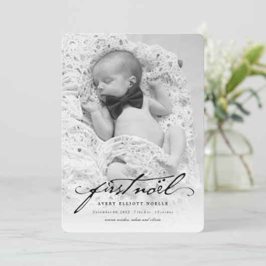 クラシック手書きスクリプトベビーの最初のNoel写真 シーズンカード (スタンド正面)