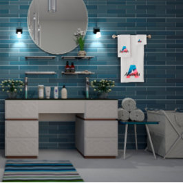 クラシック手紙Aコーラルブルー白モノグラムの色 バスタオルセット