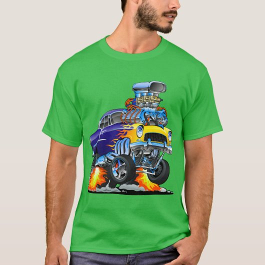 クラシック改造Muscle Car Flamesビッグエンジン Tシャツ (正面)
