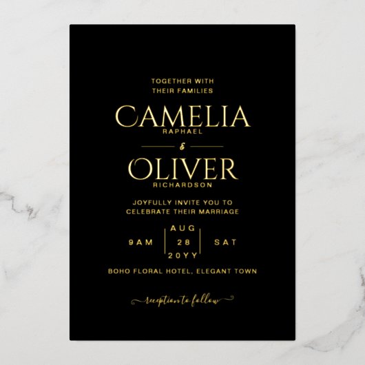クラシック文字ブラック結婚ズエレガント 箔招待状 (正面)