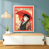 クラシック日本のスタイル – 赤い傘の女の子 ポスター