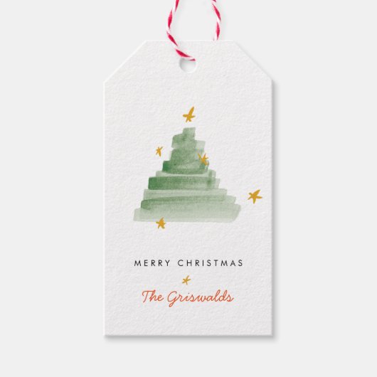 クラシック星付き水の色クリスマスツリー ギフトタグ (正面)