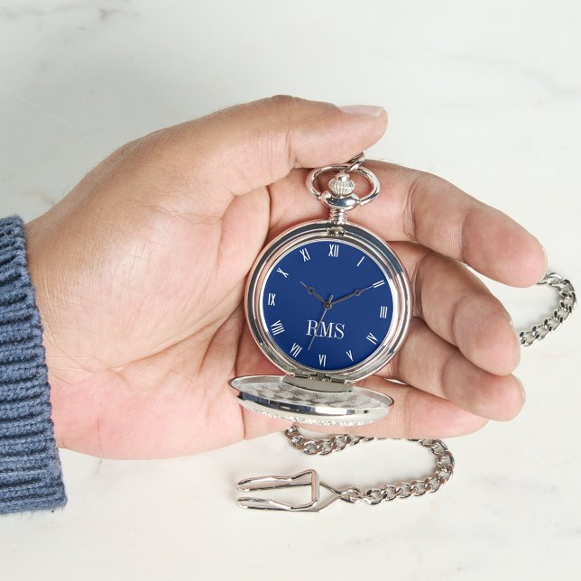 クラシック時計ネイビーブルーシルバーモノグラムポケット 腕時計 (Classic Timepiece Navy Blue Silver Monogram Pocket Watch)