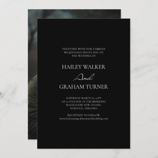 クラシック書道ブラックフォト結婚ズ 招待状 (正面/裏面)