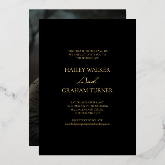 クラシック書道ブラックフォト結婚ズ 箔招待状 (正面/裏面)