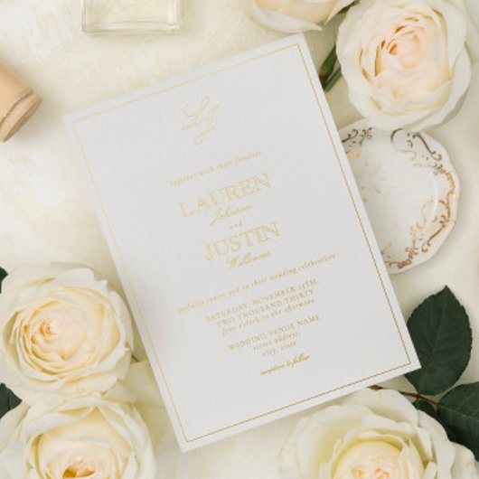 クラシック書道モノグラ結婚ム金ゴールド 箔招待状