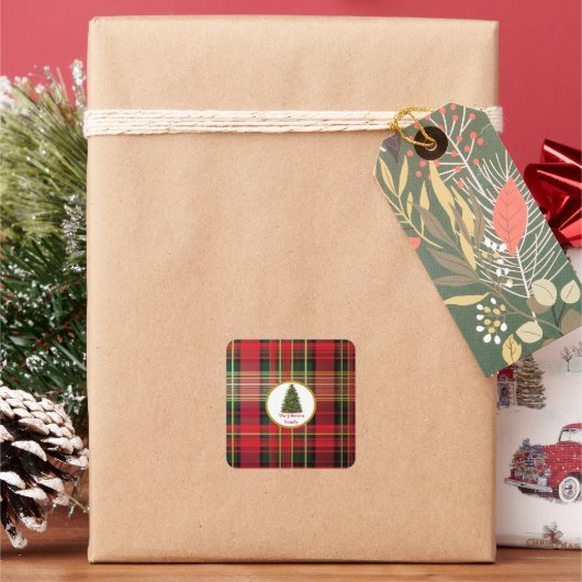 クラシック格子模様クリスマスツリー スクエアシール (クリスマス)