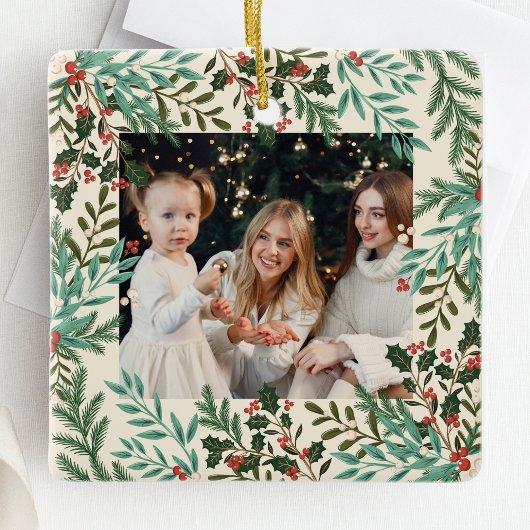 クラシック植物性フローラクリスマスツーフォト セラミックオーナメント