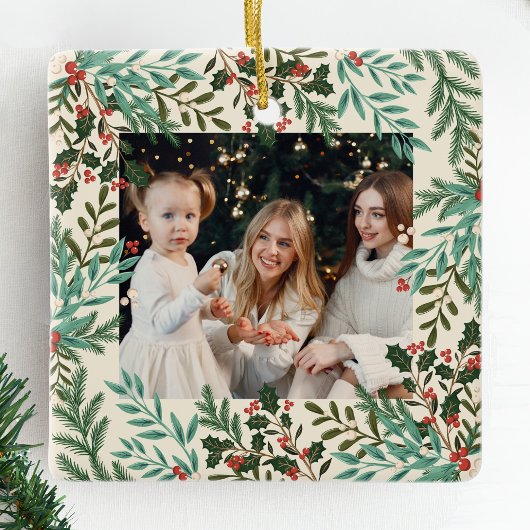 クラシック植物性フローラクリスマスツーフォト セラミックオーナメント