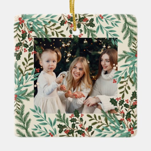 クラシック植物性フローラクリスマスツーフォト セラミックオーナメント (正面)