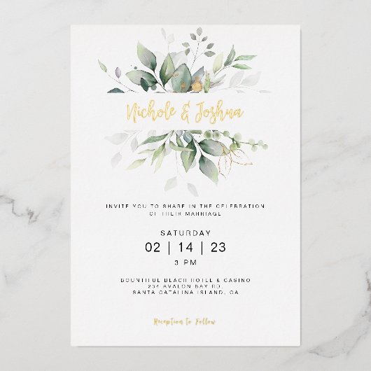 クラシック水彩ユーカリ結婚の書道 箔招待状 (正面)