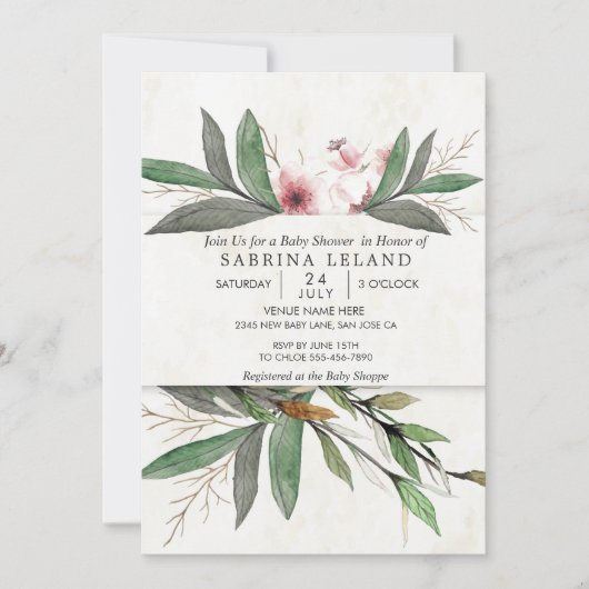 クラシック水彩植物花赤ちゃんシャワー 招待状 (正面)