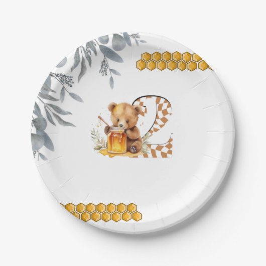 クラシック水彩熊はちみつ第2の誕生日 ペーパープレート (正面)