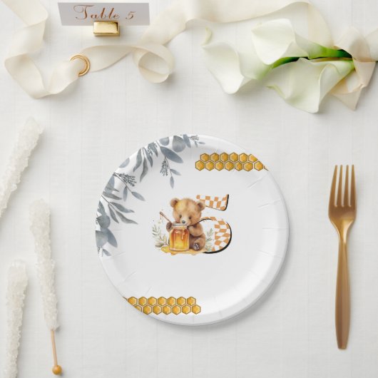 クラシック水彩熊ハニー5歳の誕生日 ペーパープレート (ウェディング)