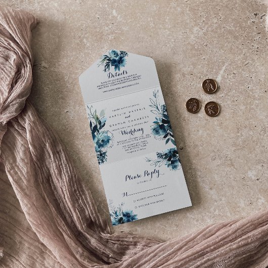 クラシック水色フローラ結婚ズ オールインワン招待状