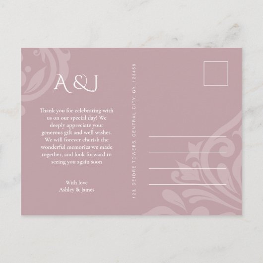 クラシック淡い色のエレガントDamask Pink結婚's Thank You ポストカード (裏面)