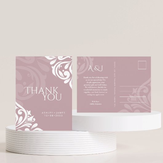 クラシック淡い色のエレガントDamask Pink結婚's Thank You ポストカード