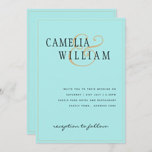 クラシック淡い色のターコイズ金ゴールド結婚ズ 招待状 (正面/裏面)
