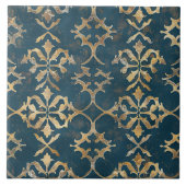 クラシック深いモロッコダマスク – モロッコブルー&金ゴールド タイル (正面)