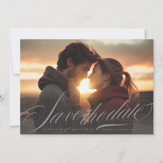 クラシック灰色の緑の書道QRコード2枚の写真 セーブザデート (正面)