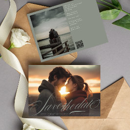 クラシック灰色の緑の書道QRコード2枚の写真 セーブザデート